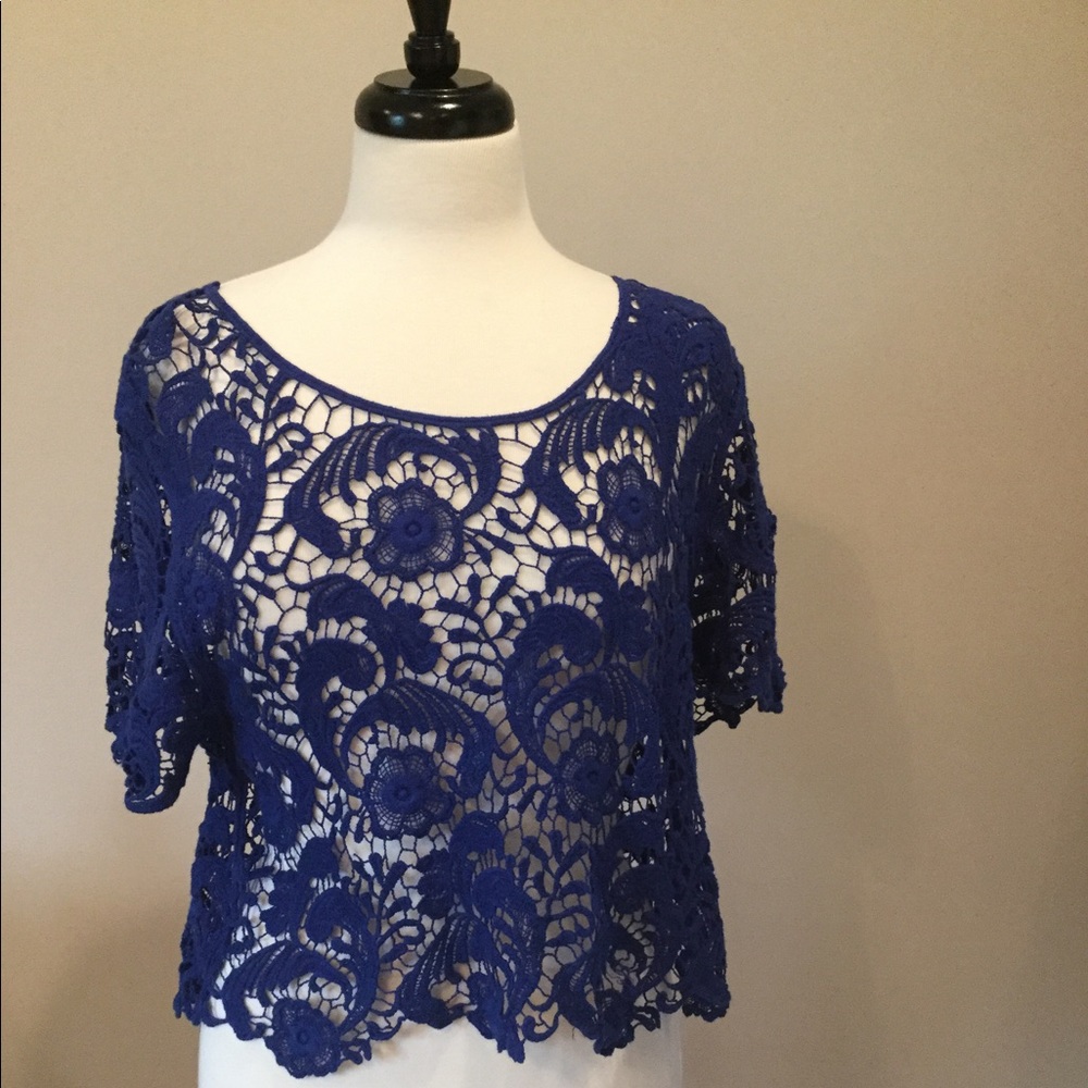Express Blue crochet short sleeve sweater